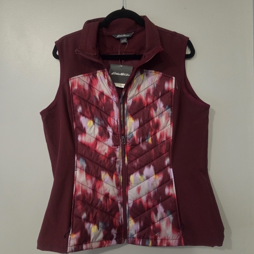 Eddie Bauer Womens Outdoor Hybrid Burgundy Tie Die Puffer Vest. Size XL NWT - Picture 2 of 11